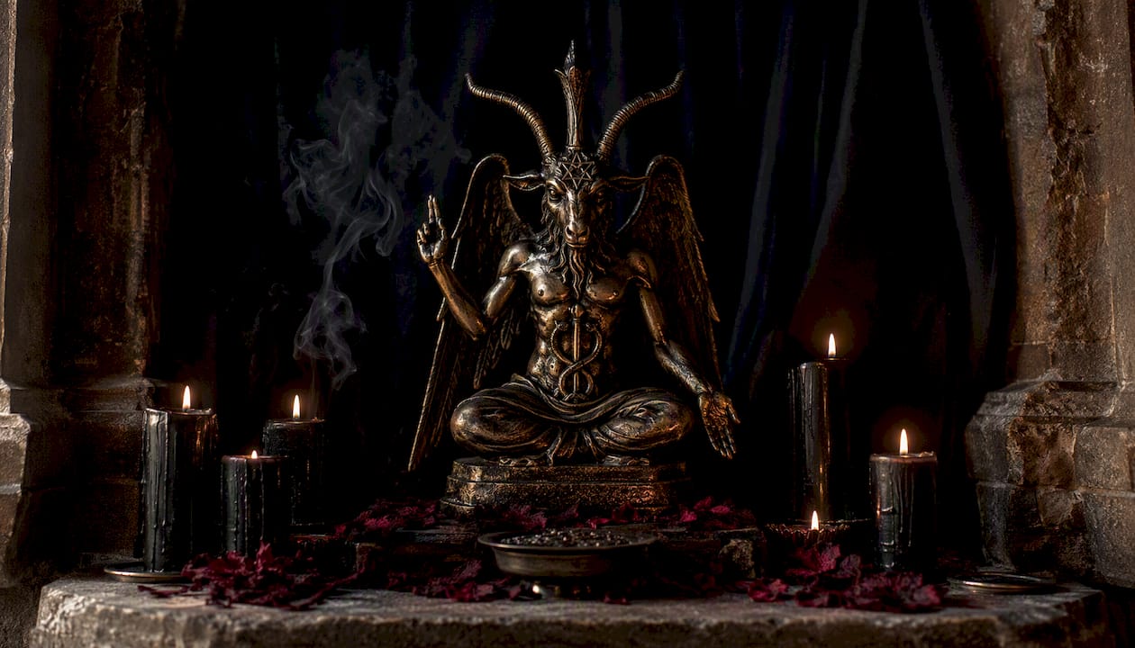 Gold Baphomet statue on gothic altar with candles