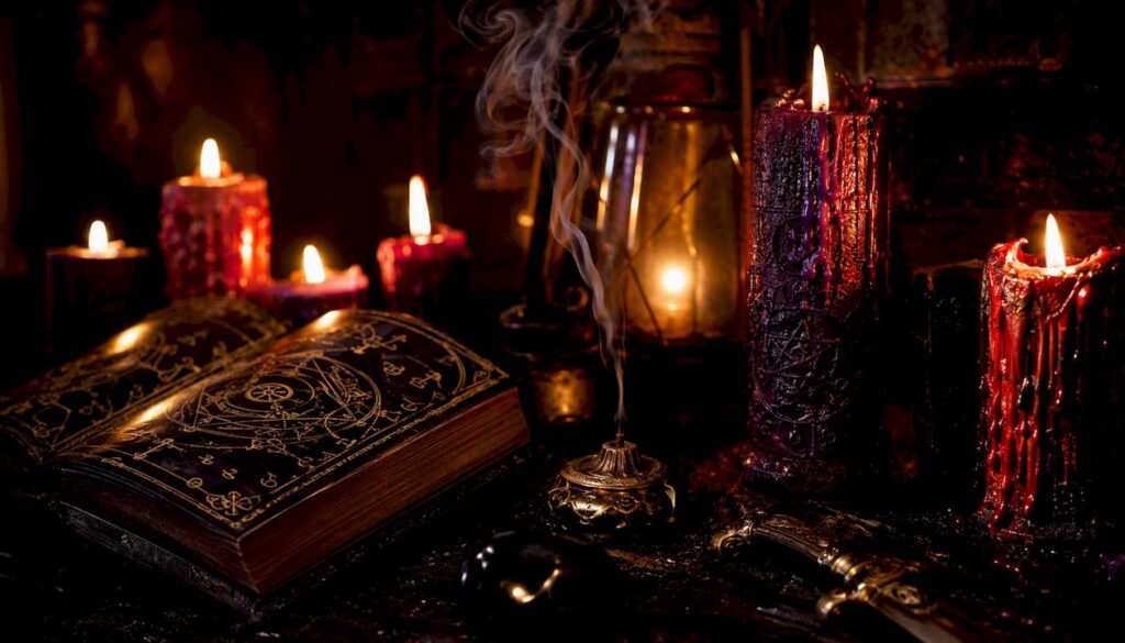 Candlelit Left-Hand Path ritual altar with candles and sigils