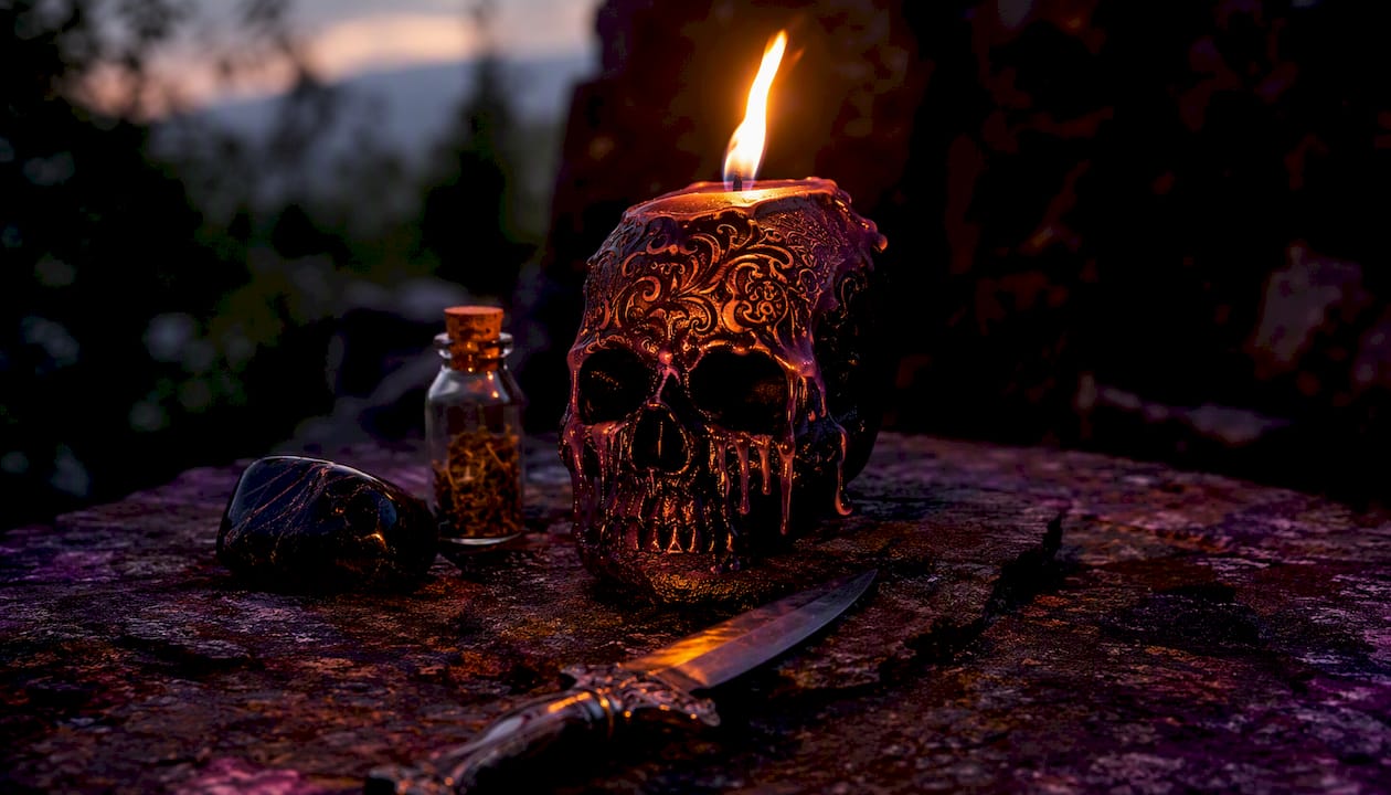 Lit skull candle with steady flame on ritual altar