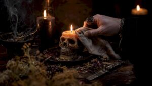 Hand cleansing skull candle with cloth and incense smoke