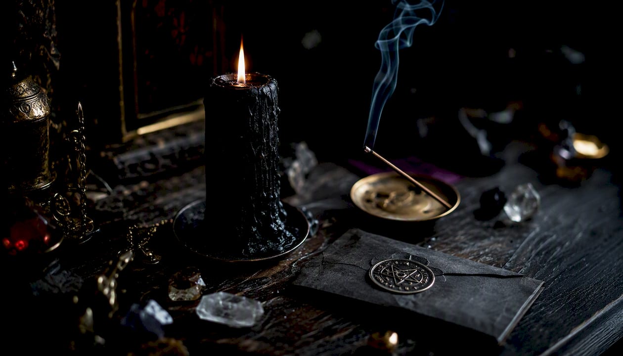 Top-down view of Luciferian ritual altar for ongoing practice