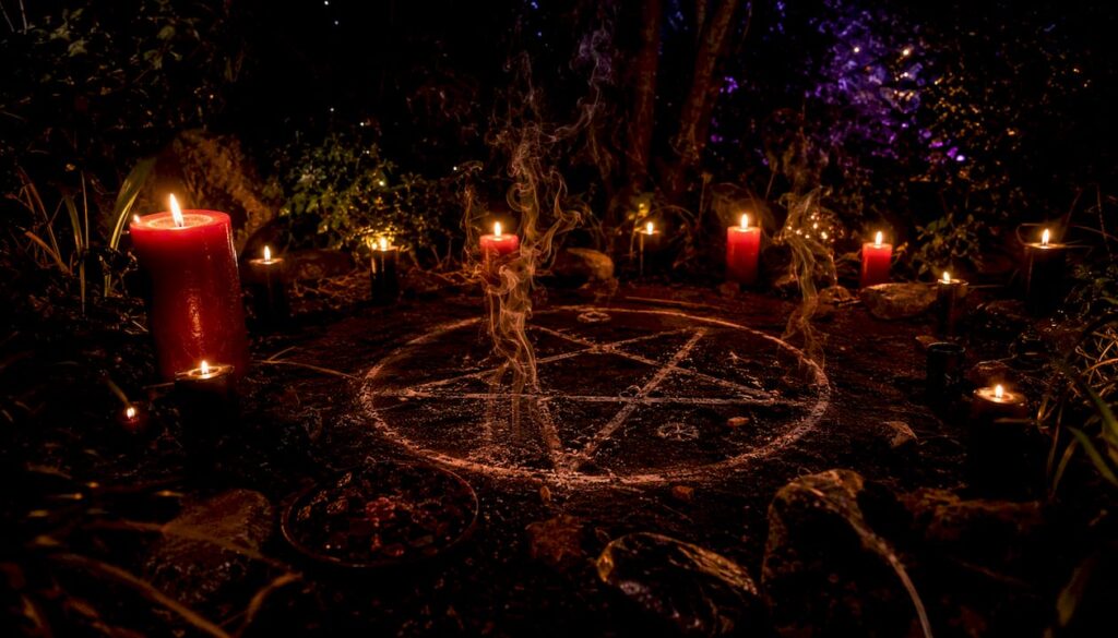 Luciferian ritual altar with candle and sigil