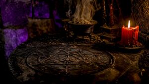 Red candle burning on altar with sigil and smoke