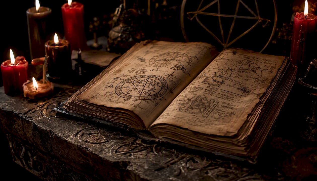 Open ancient grimoire with occult seals