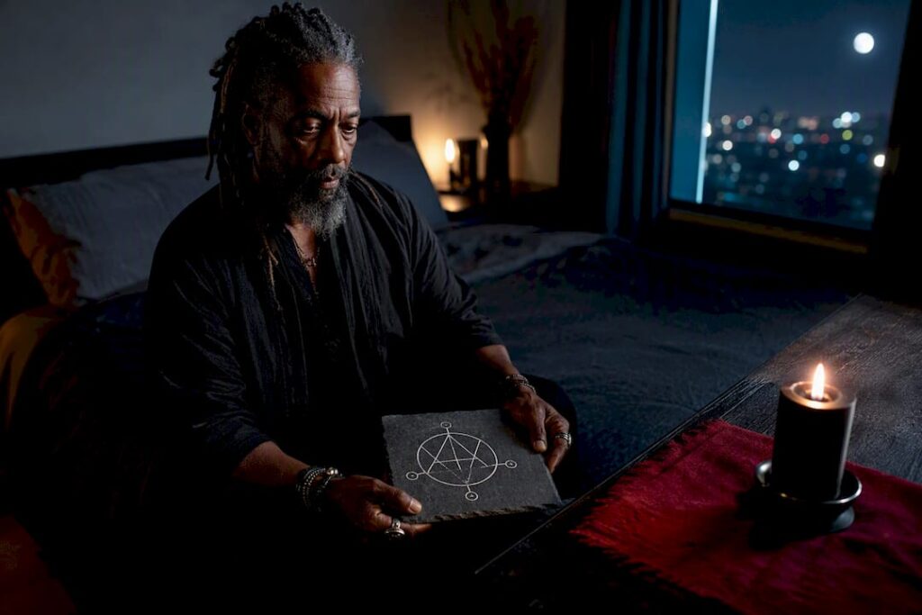 Practitioner gazing at a geometric sigil