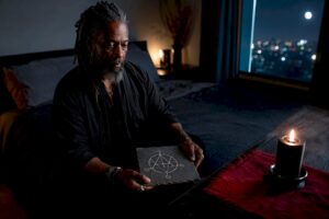 Practitioner gazing at a geometric sigil