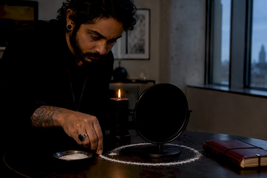 Practitioner arranging a black mirror ritual setup