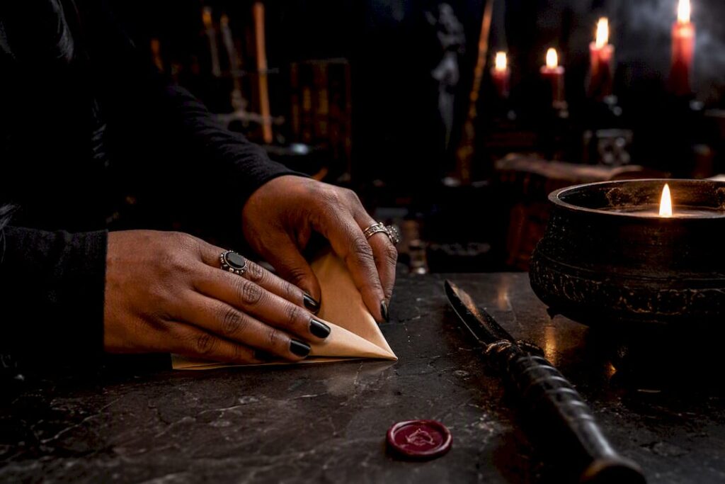 Hands folding petition paper beside ritual candle